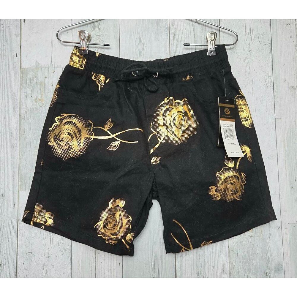 Drill Metallic Gold on Black Rose Flower Floral Statement Drawstring Shorts Sz.